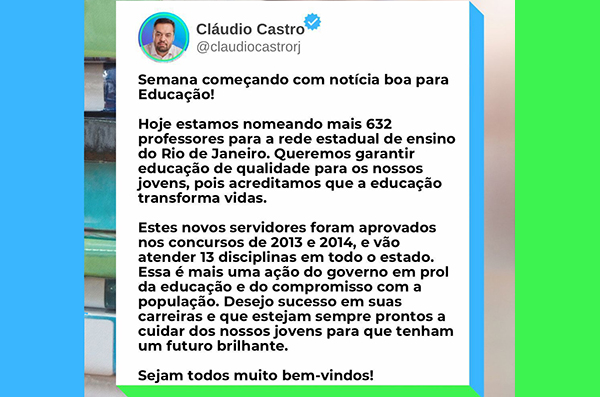 Cláudio Castro nomeia mais de 630 professores concursados para as escolas estaduais