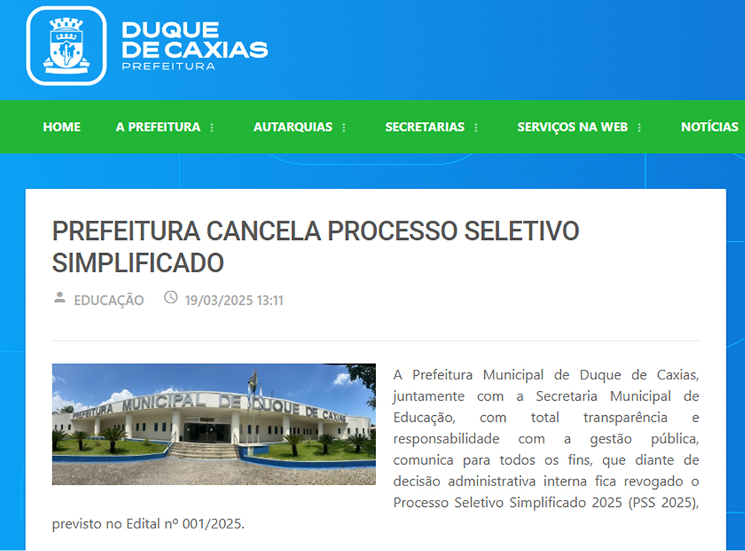 Foto: Reprodução Duque de Caxias cancela Processo Seletivo Simplificado da Educação