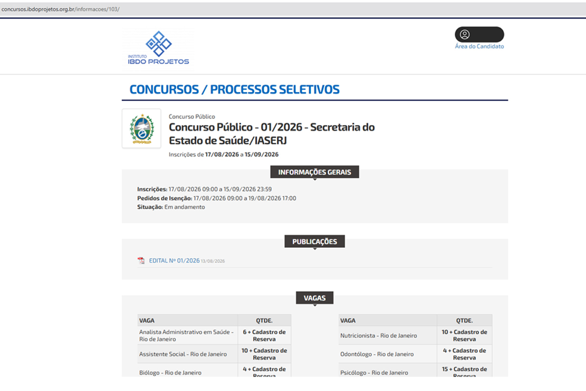 Foto: Reprodução Governo do Rio publica edital de concurso com 287 vagas para a Saúde e salários de até R$ 7,1 mil